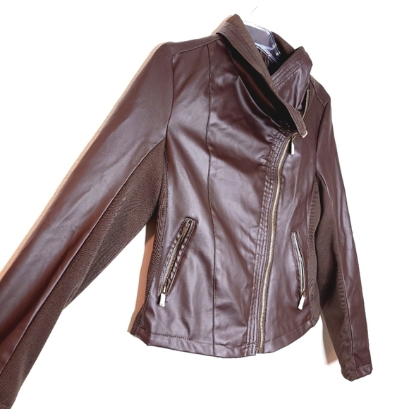 THERAPY women's m faux leather vegan friendly brown asymmetrical zipper jacket - Picture 3 of 12
